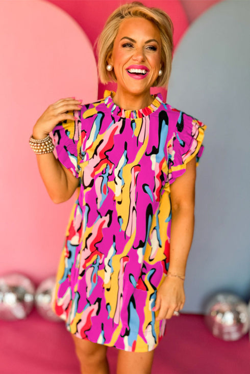 Abstract Print Frilled Neck Ruffled Sleeve Mini Dress